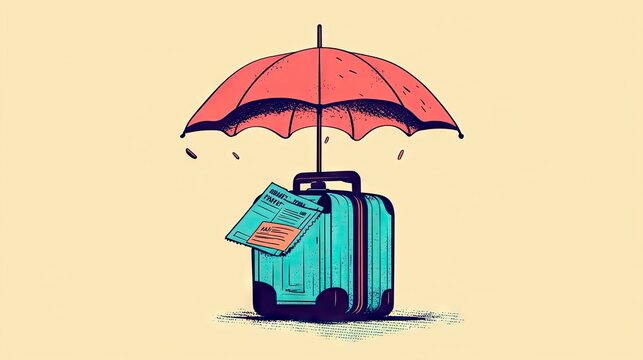 recommend clip art: Minimalist illustration with a single-color umbrella shielding a suitcase and plane ticket, conveying the idea of travel insurance