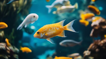 Naklejka premium Colorful fish swimming in a vibrant aquarium filled with various aquatic species and natural rock formations