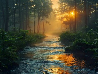 Fototapeta premium A misty forest stream at sunrise with the sun shining through the trees.