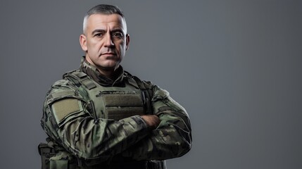 Fototapeta premium Confident MiddleAged Southern European Male Soldier in Camouflage Uniform for Military and Defense Concepts