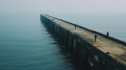 Fototapeta premium A long pier extending into the ocean, with fishermen standing along its sides, casting their lines into the water below.