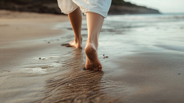 A person walking barefoot on a beach, paying attention to each step and the sensation of sand, emphasizing mindfulness