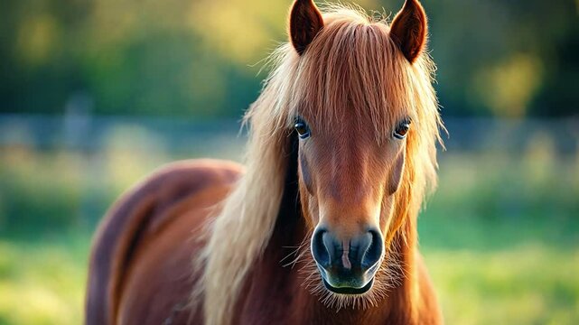 close-up portrait of a chestnut horse with a flowing mane, standing gracefully in a sunlit field.