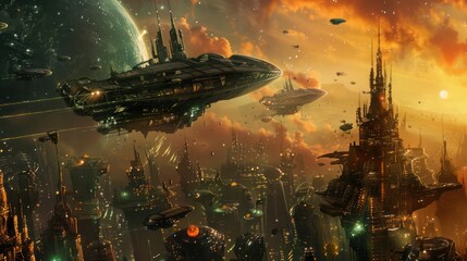 Futuristic Cityscape with Spaceships