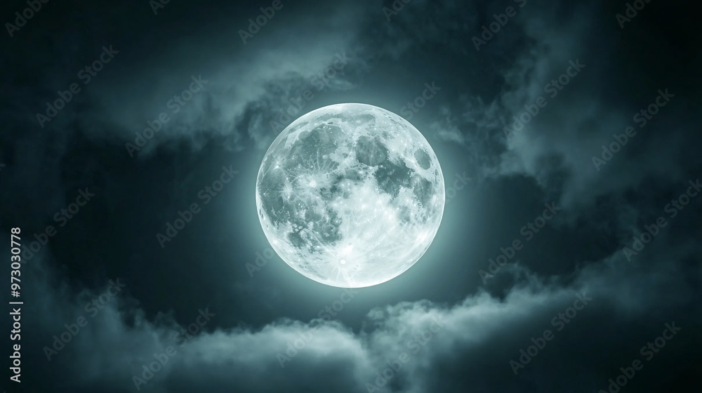 Wall mural full moon shining on cloudy night sky background.