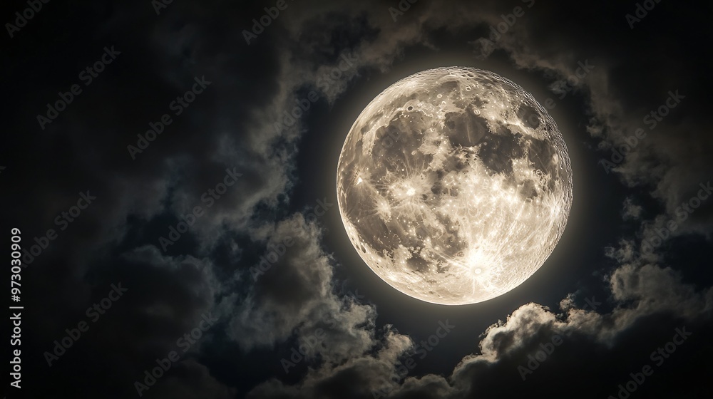 Wall mural full moon shining on cloudy night sky background.