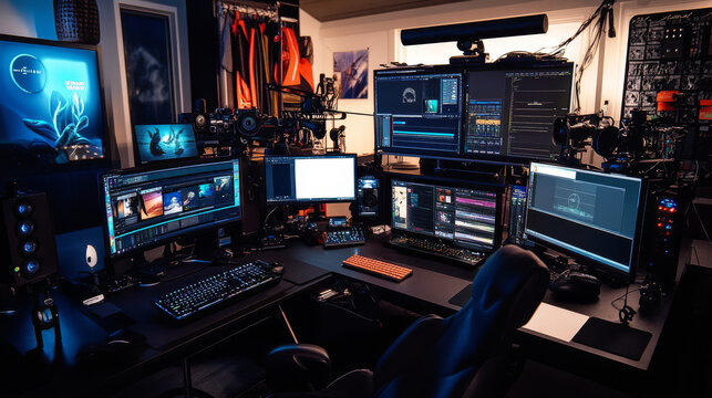 A professional studio setup with various content creation tools such as a camera rig, editing equipment, and audio gear
