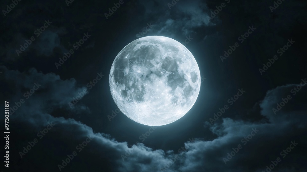 Wall mural full moon shining on cloudy night sky background.