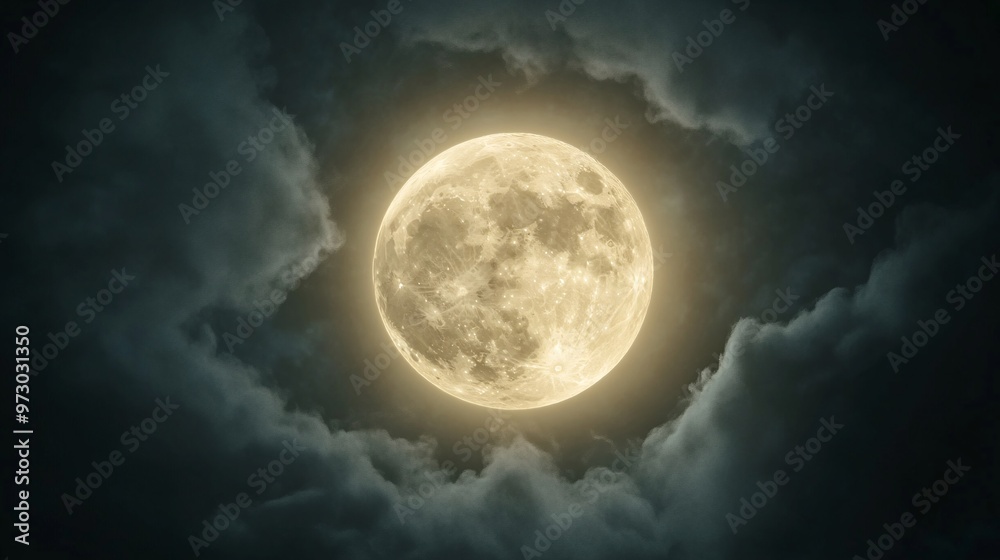 Wall mural full moon shining on cloudy night sky background.
