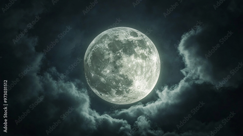 Wall mural full moon shining on cloudy night sky background.