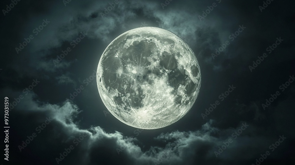 Wall mural full moon shining on cloudy night sky background.