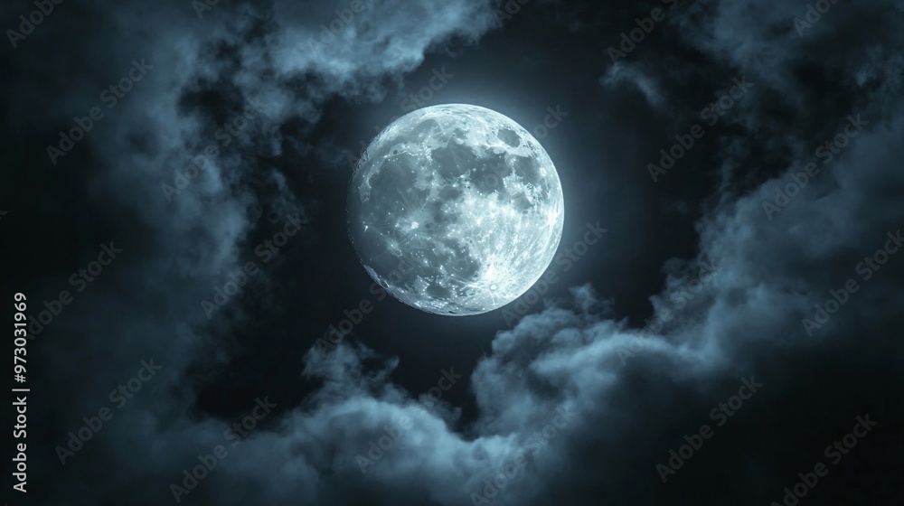 Wall mural full moon shining on cloudy night sky background.