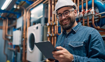 Happy engineer technician man with tablet on a job site inspecting repairing HVAC, plumbing, electrical, heating cooling systems. Industrial, residential, commercial basement. 