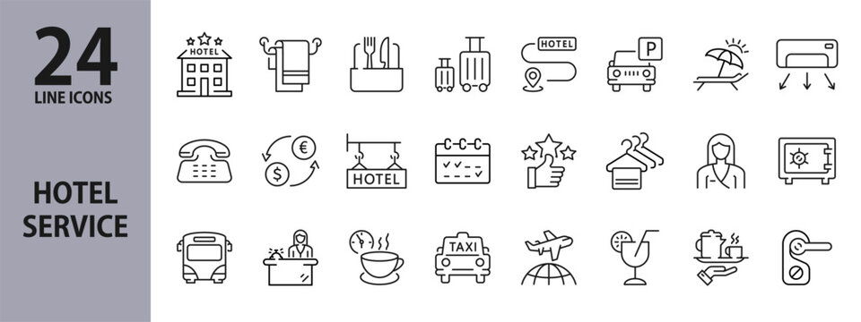 Hotel Service line icons set with Room, Reception, Airport, Taxi, Safe, Conditioner and more. Editable Stroke