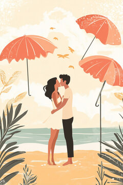 A flat vector style illustration of a couple in love standing together on a beautiful beach, with the sea in the background, portrait aspect ratio 83:125