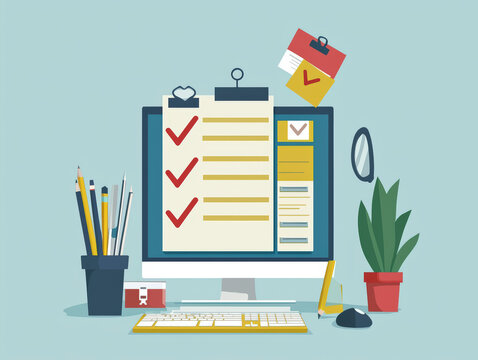 A digital to do list displayed on computer screen, featuring animated task completion with checkmarks. workspace includes stationery, plant, and colorful notes, creating an organized and productive at