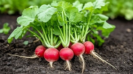Close-up of freshly harvested bunch of radishes with green leaves
