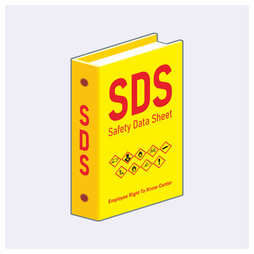 Isometric SDS document with hazard pictogram vector illustration. Safety data sheet for chemical material.