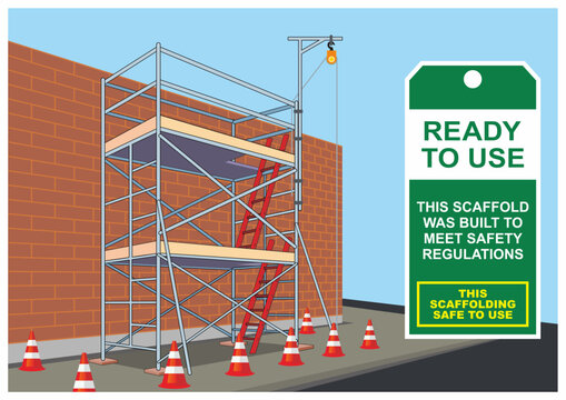 Vector illustration of completed and proper two layer of scaffolding installation safety with green tag information. Inspection checklist document. Allowed and permission to use the work platform.