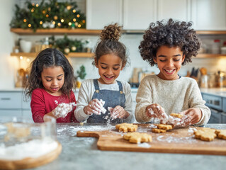 Children siblings making holiday cookies for Christmas gifts. Family baking celebrating. Brothers sisters cousins celebrate holiday