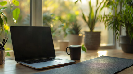 A serene home office setup with a laptop, coffee, and a yoga mat, symbolizing work-life balance