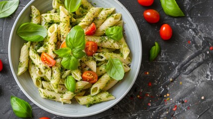 A vibrant and enticing bowl of delicious pasta, elegantly topped with fresh pesto, cherry tomatoes, and aromatic basil
