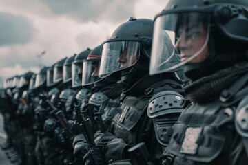 A line of riot police stands ready during a demonstration, wearing helmets and tactical gear. The cloudy sky adds intensity to the atmosphere as they prepare for crowd engagement.