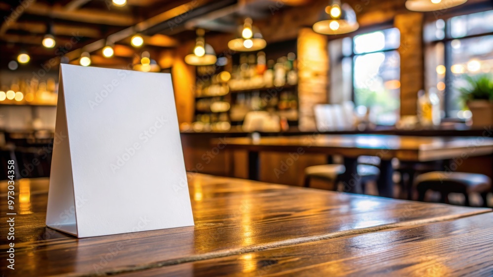 Aufkleber blank paper table card on wooden table over bar background perfect for displaying menus or drink spe
