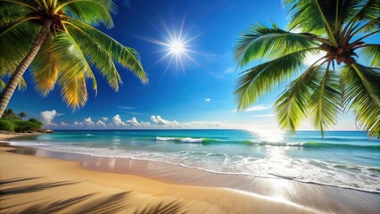 Beautiful summer beach background with a clear blue sky, sparkling ocean waves, palm trees, and golden sand