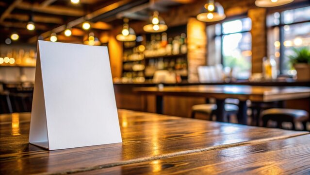 Blank paper table card on wooden table over bar background perfect for displaying menus or drink specials at a restaurant or bar