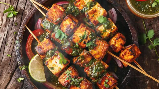 Paneer Tikka on the table moves with smoke around