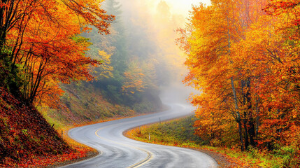 Fototapeta premium Winding road through vibrant autumn forest with colorful leaves reflecting golden hues under soft morning light