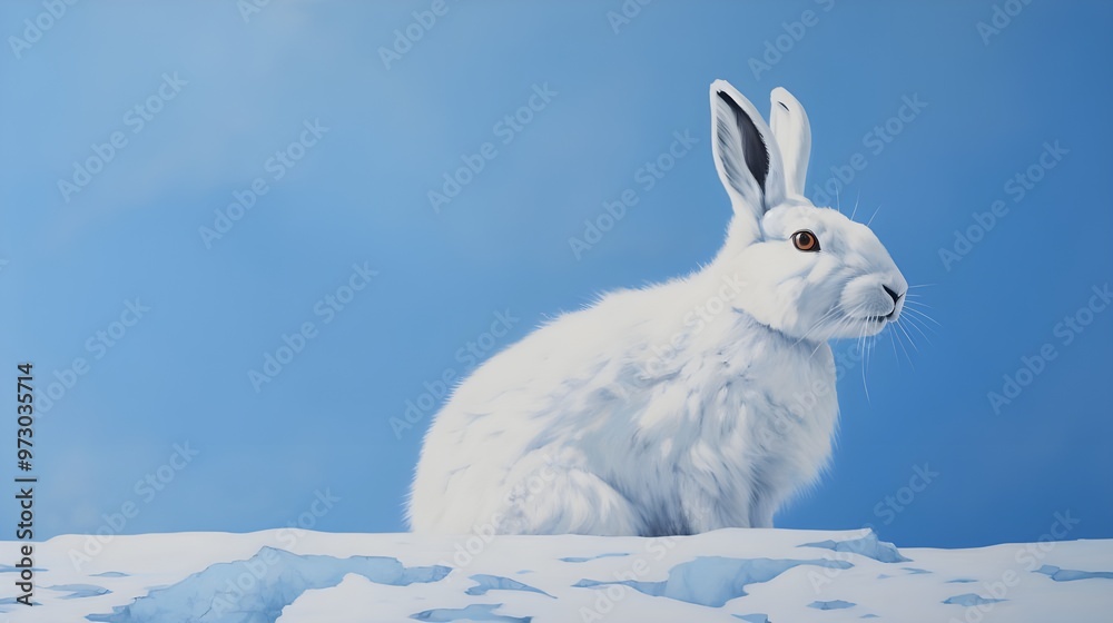 Wall mural White rabbit of blue sky background.