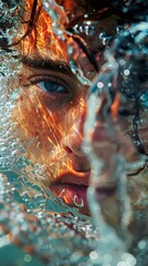 A close-up portrait of a young man's face underwater with bubbles and light reflecting off the water.