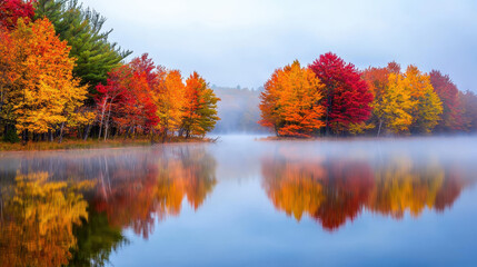 Vibrant autumn landscape with colorful trees reflecting in misty lake, showcasing golden, red, and orange foliage in serene nature setting