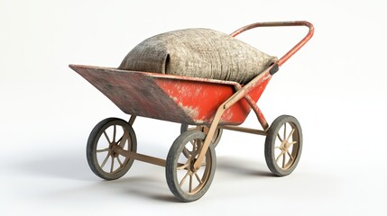 3D illustration of a wheelbarrow with a bag of cement