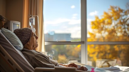 Patient Gazing Out Hospital Window,Reflecting on Cancer Journey