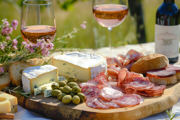Picnic setting with bottle of wine, wine glasses, cheese, bread, jamon ang olives. Vineyard setting cheese and meat platter with red wine, perfect for gourmet food and wine tasting, romantic date