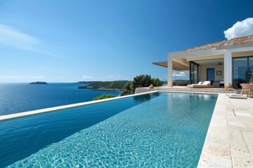 Fototapeta premium A stunning modern villa features an expansive infinity pool, offering breathtaking views of the clear blue ocean and scenic coastline under a bright sky.