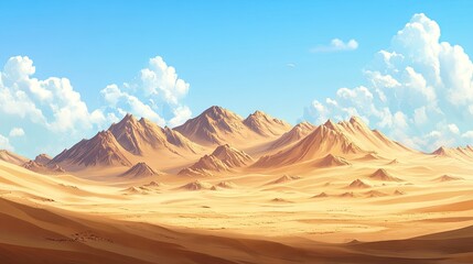 Naklejka premium A picturesque desert scene with towering sand dunes, with the golden sand glistening under the bright midday sun.