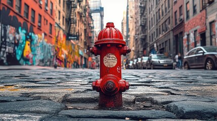A red fire hydrant on a city street, with graffiti and urban life bustling in the background.