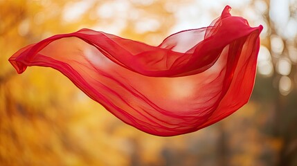 A red scarf blowing in the wind on a cold day, against a backdrop of golden autumn trees.