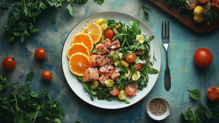 A plate of food with a salad, salmon, and oranges