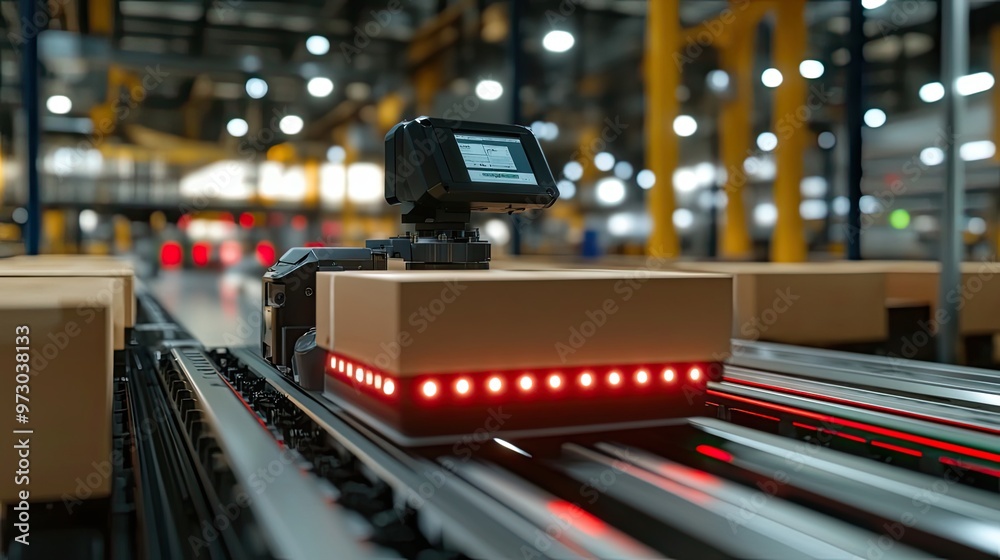 Poster automated package sorting system with robotic arm and conveyor belt