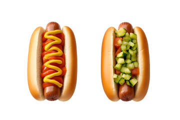 Hot dogs avec différentes garnitures, ketchup, moutarde, cornichons, sur fond transparent PNG