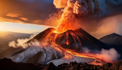 Fototapeta premium Minimalist volcanic eruption with lava smoke and fire