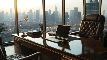 Fototapeta premium A modern office with a view of a city skyline.