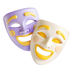 Image of two colorful comedy masks with exaggerated smiling faces representing theater and performance.