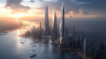 Fototapeta premium A futuristic cityscape with towering skyscrapers reflecting the sunset. Drones fly across the sky, creating a dynamic and advanced urban environment by the water