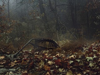 Fototapeta premium A forgotten rake lies in a misty autumn forest, surrounded by fallen leaves.